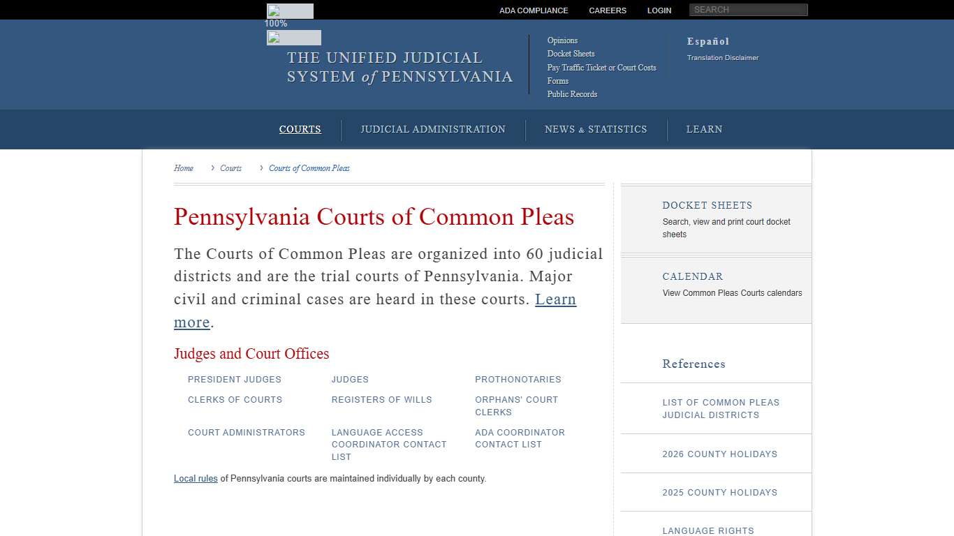 Courts of Common Pleas Courts Unified Judicial System of Pennsylvania